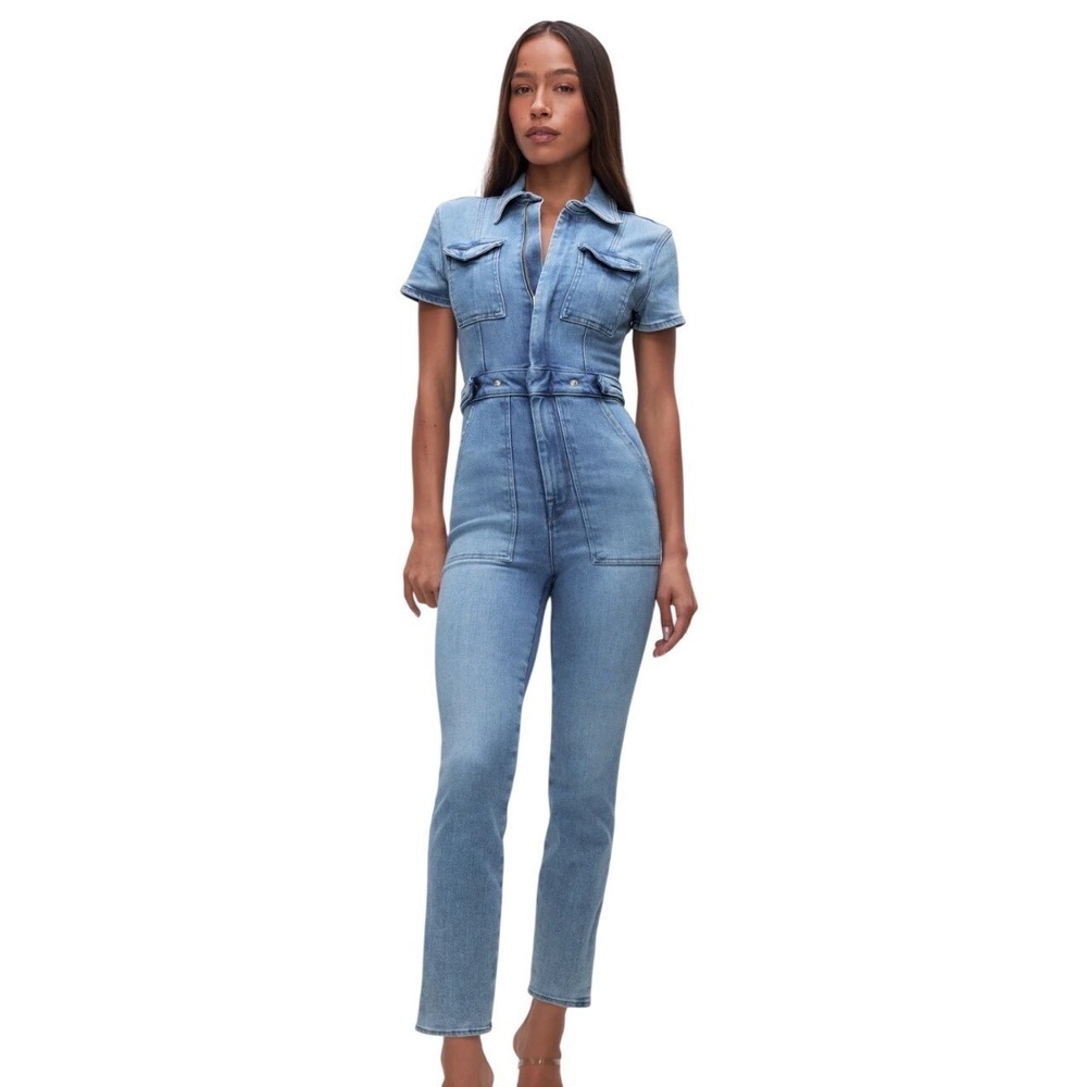 Good American Fit For Success Denim Jumpsuit Blue 274 Utility Zip Front XS NWT